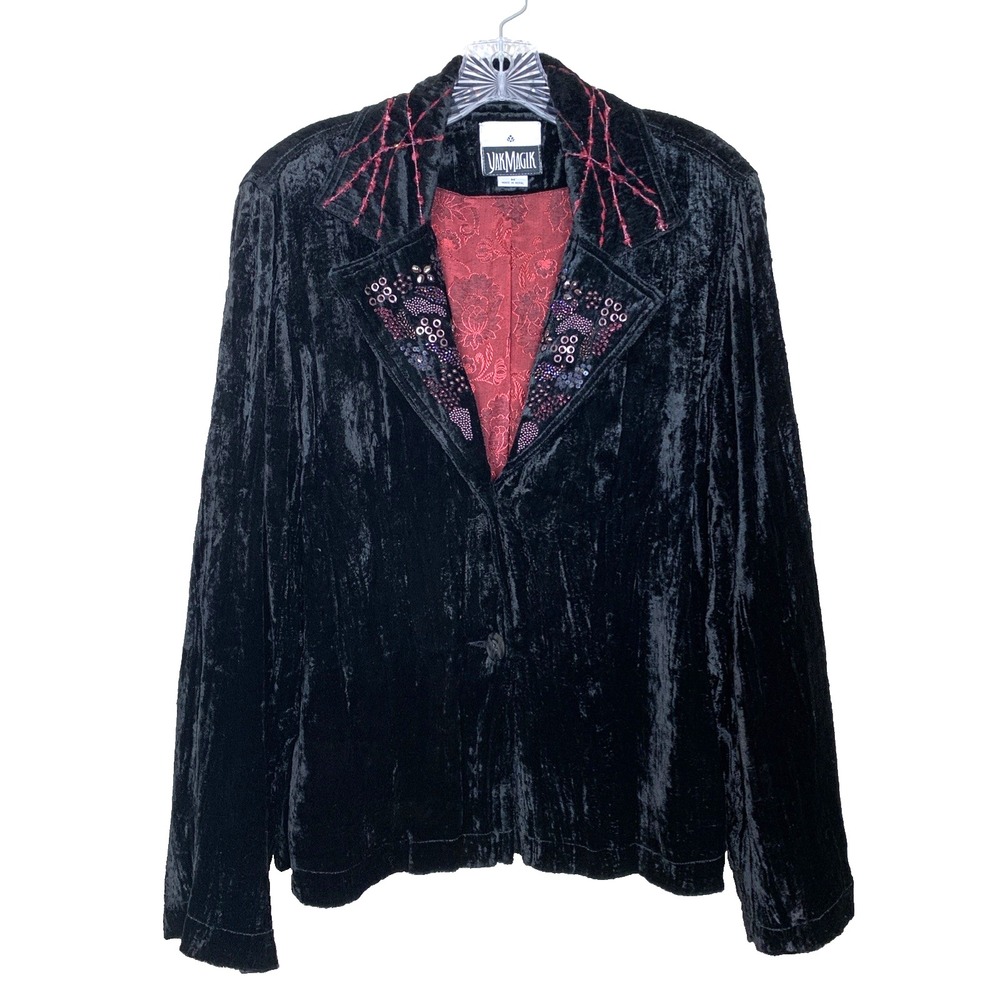 Yak Magik Womens M Blazer Black Velvet Beaded Sequin Whimsigoth Witchy Goth Boho